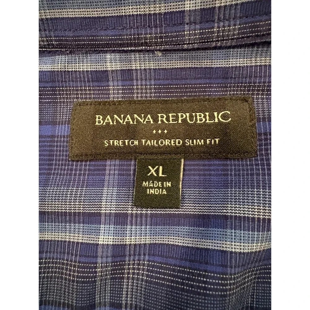 Banana Republic Mens Blue Plaid Stretch Tailored Slim Fit Button Down Shirt XL